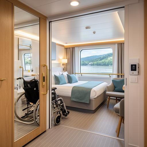 Rollstuhlgerechte Kabine auf einem Flusskreuzfahrtschiff am Rhein mit breitem Zugang