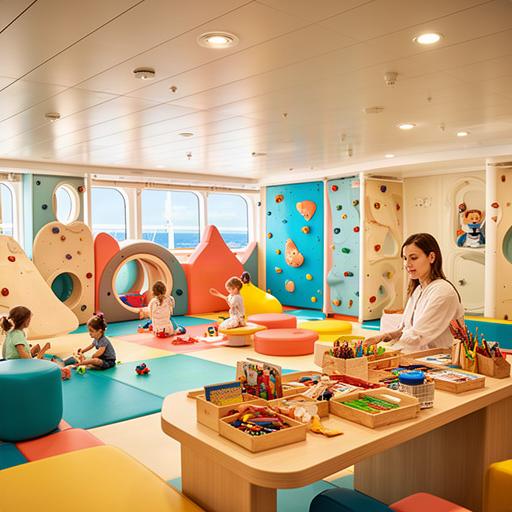 Heller Kinderbereich auf einem Mittelmeer-Kreuzfahrtschiff mit Kletterelementen und Betreuungstisch