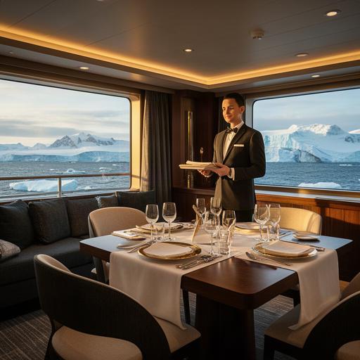 Elegante Suite auf einem Expeditionsschiff mit gedecktem Tisch und persönlichem Butler-Service