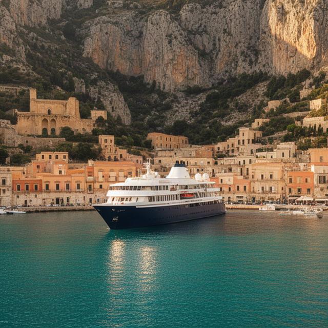 Kleines Boutique-Kreuzfahrtschiff in einer mediterranen Bucht mit historischem Hafen und felsiger Küste